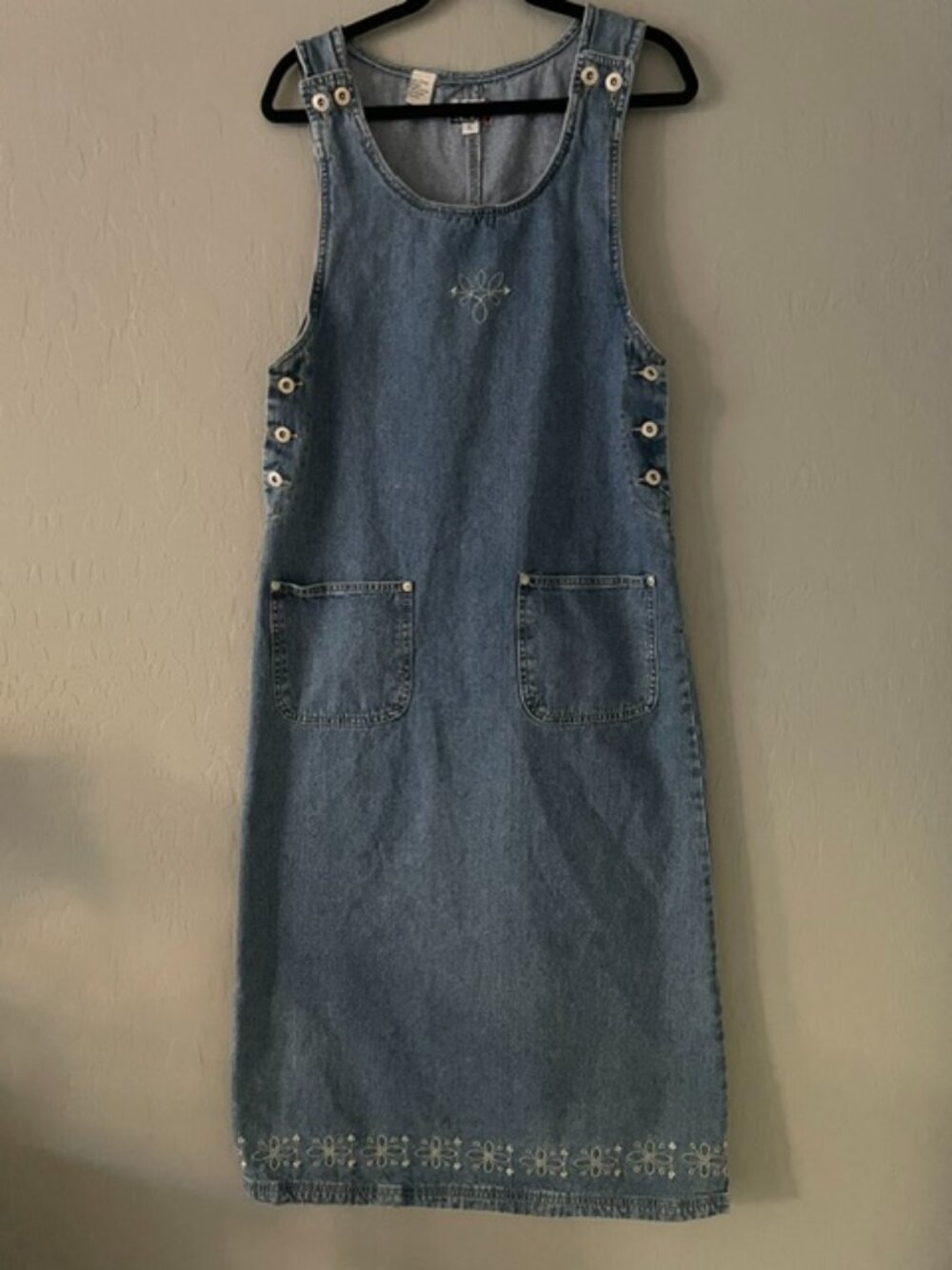 Vintage JL NY Denim Jumper Dress Embroidered Floral Midi Pinafore Overalls Small